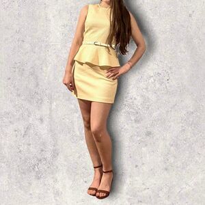 Club Monaco Yellow Polkadot Sleeveless Peplum Top and Mini Skirt Set, Size 4